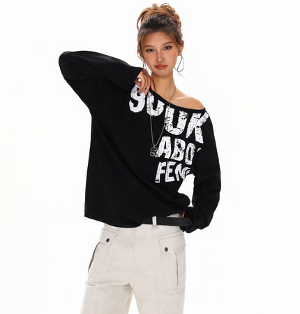 THETLSTUDIO L / black Disruptive Lettering Off-Shoulder Top