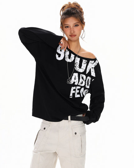 TALKLESSFASHION L / black Disruptive Lettering Off-Shoulder Top