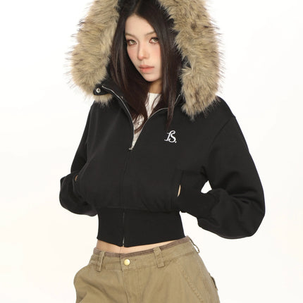 TALKLESSFASHION L / black Hot Girl Detachable Fur Collar Sweatshirt