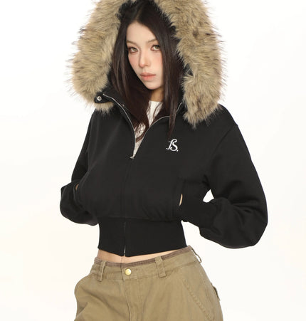 THETLSTUDIO L / black Hot Girl Detachable Fur Collar Sweatshirt