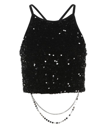 TALKLESSFASHION L / black VOstudio babes slim short beauty back top sequins bling sparkling chain camisoles female underwear