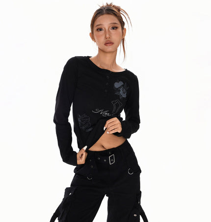 THETLSTUDIO L / black XPKAEAX American vintage hot diamond letter long sleeve T-shirt hot girl style slim slim pre-fall thin top