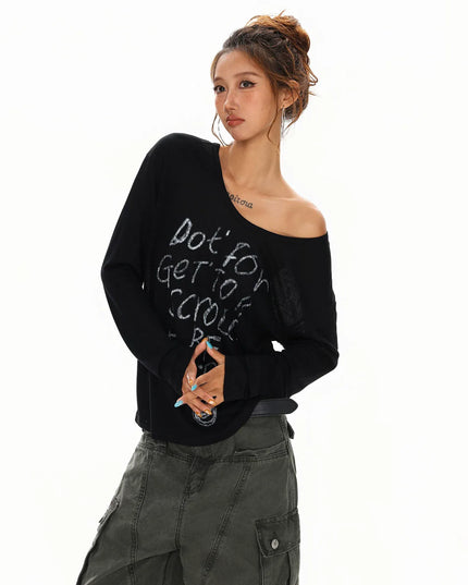 TALKLESSFASHION L / black XPKAEAX Slightly Translucent Lightweight Letter Long Sleeve T-Shirt Women's 2025 Pre-Fall Loose Off-the-Shoulder Top American Slanted Shoulder Cover-Up