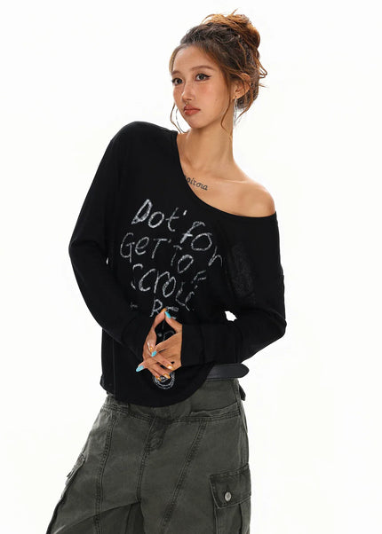 THETLSTUDIO L / black XPKAEAX Slightly Translucent Lightweight Letter Long Sleeve T-Shirt Women's 2025 Pre-Fall Loose Off-the-Shoulder Top American Slanted Shoulder Cover-Up