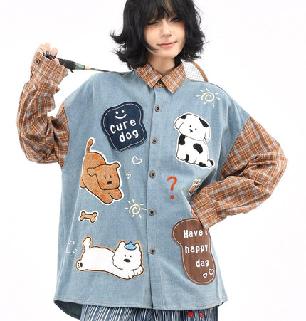 THETLSTUDIO L / blue OV original American plaid patchwork washed denim shirt men's and women's autumn puppy towel embroidered loose long-sleeved shirt