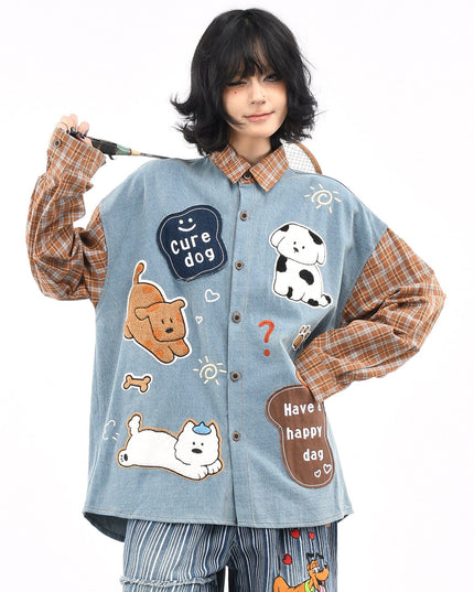 TALKLESSFASHION L / blue OV original American plaid patchwork washed denim shirt men's and women's autumn puppy towel embroidered loose long-sleeved shirt