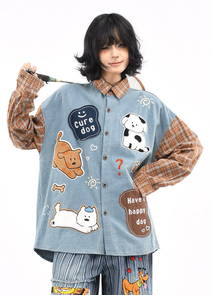 THETLSTUDIO L / blue OV original American plaid patchwork washed denim shirt men's and women's autumn puppy towel embroidered loose long-sleeved shirt