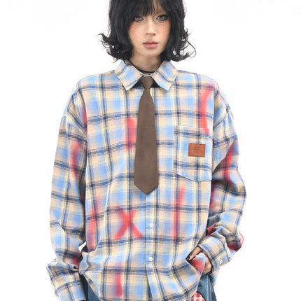 TALKLESSFASHION L / blue OV original American vintage plaid smudged graffiti long sleeve shirt women's autumn tie design loose couple shirt
