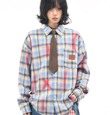 THETLSTUDIO L / blue OV original American vintage plaid smudged graffiti long sleeve shirt women's autumn tie design loose couple shirt