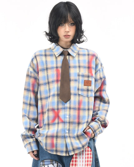 TALKLESSFASHION L / blue OV original American vintage plaid smudged graffiti long sleeve shirt women's autumn tie design loose couple shirt