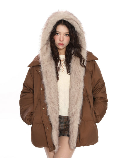 TALKLESSFASHION L / brown Detachable Fur Padded Down Jacket