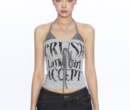 TALKLESSFASHION L / gray BIGGOLD American hot girl halterneck lace-up vest camisole female summer hot girl pure desire fake two-piece bandeau top