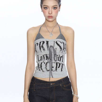 TALKLESSFASHION L / gray BIGGOLD American hot girl halterneck lace-up vest camisole female summer hot girl pure desire fake two-piece bandeau top