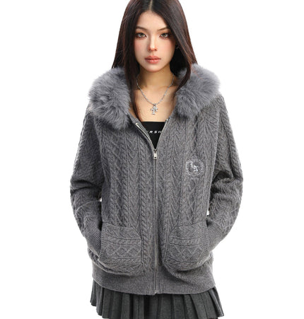 TALKLESSFASHION L / gray BIGGOLD Christmas and New Year fur collar hooded red sweater women's autumn and winter atmosphere warm knitted cardigan top
