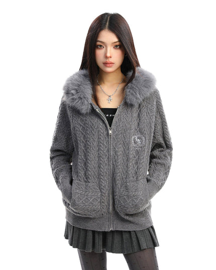 TALKLESSFASHION L / gray BIGGOLD Christmas and New Year fur collar hooded red sweater women's autumn and winter atmosphere warm knitted cardigan top