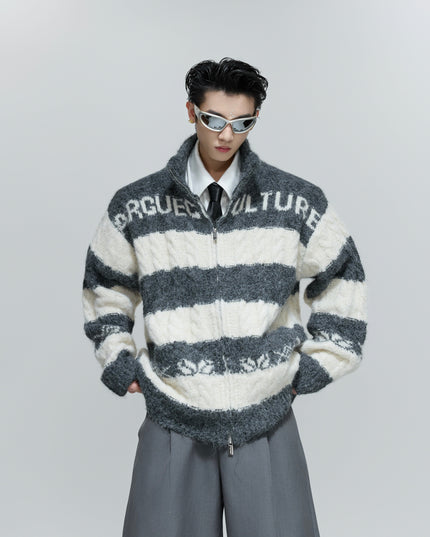 TALKLESSFASHION L / Gray Contrast Coarse-Needle Knitted Cardigan