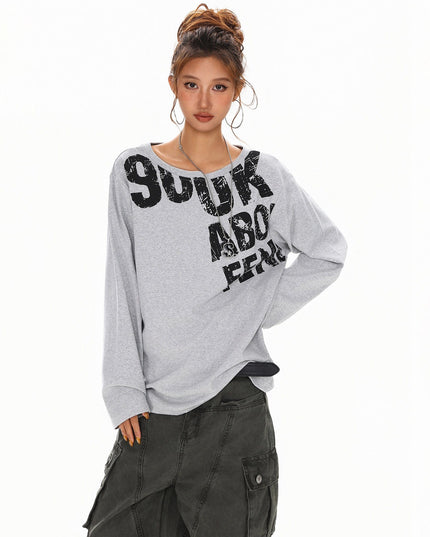 TALKLESSFASHION L / gray Disruptive Lettering Off-Shoulder Top