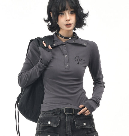 THETLSTUDIO L / gray OV original American hot girl half-open lapel long-sleeved T-shirt women's autumn slim straight shoulder short base shirt top trend