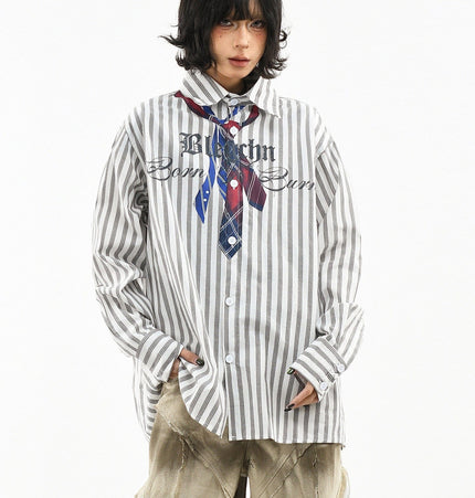 THETLSTUDIO L / gray OV original American preppy vertical stripe tie print long sleeve shirt women's spring loose midi shirt men