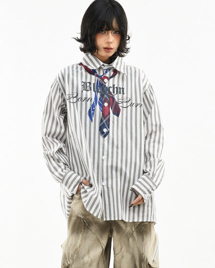TALKLESSFASHION L / gray OV original American preppy vertical stripe tie print long sleeve shirt women's spring loose midi shirt men