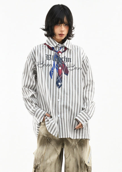 THETLSTUDIO L / gray OV original American preppy vertical stripe tie print long sleeve shirt women's spring loose midi shirt men