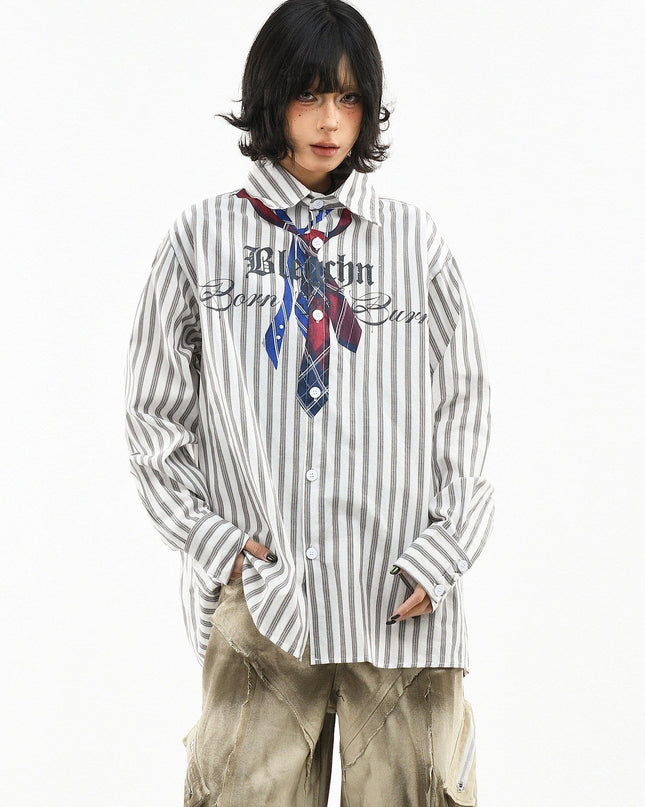 TALKLESSFASHION L / gray OV original American preppy vertical stripe tie print long sleeve shirt women's spring loose midi shirt men