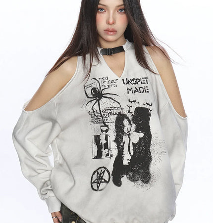 THETLSTUDIO L / Gray plush, silver fox down Graffiti Distressed Off-Shoulder Sweatshirt