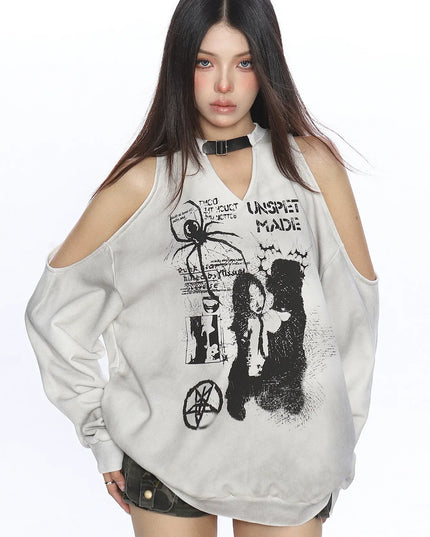 TALKLESSFASHION L / Gray plush, silver fox down Graffiti Distressed Off-Shoulder Sweatshirt