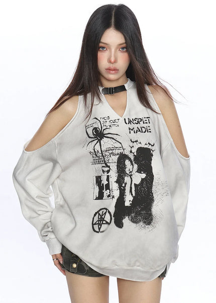 THETLSTUDIO L / Gray plush, silver fox down Graffiti Distressed Off-Shoulder Sweatshirt