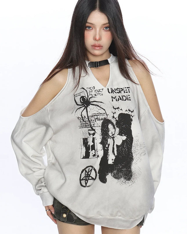 TALKLESSFASHION L / Gray plush, silver fox down Graffiti Distressed Off-Shoulder Sweatshirt