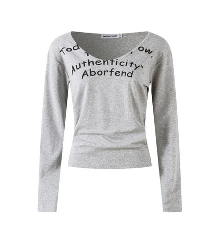 THETLSTUDIO L / gray XPKAEAX American Spice Girl Monogram Print U-Neck Long Sleeve T-Shirt Women Fall 2025 Loose Off-the-Shoulder Top ins