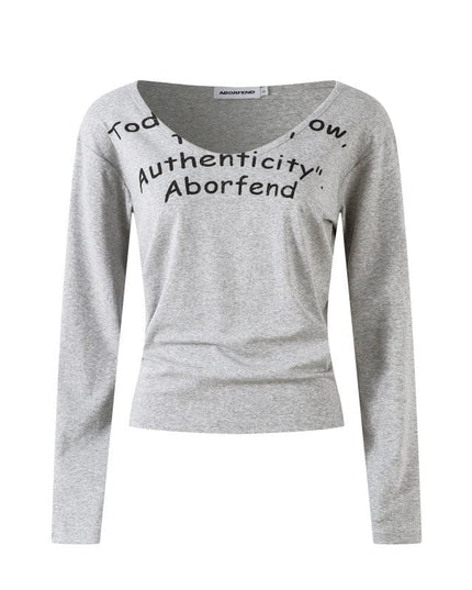 TALKLESSFASHION L / gray XPKAEAX American Spice Girl Monogram Print U-Neck Long Sleeve T-Shirt Women Fall 2025 Loose Off-the-Shoulder Top ins