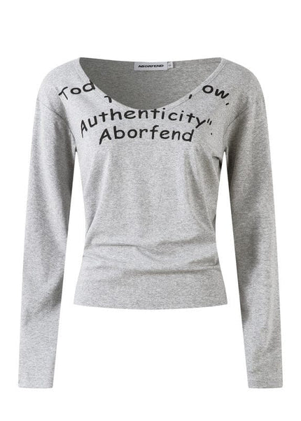 THETLSTUDIO L / gray XPKAEAX American Spice Girl Monogram Print U-Neck Long Sleeve T-Shirt Women Fall 2025 Loose Off-the-Shoulder Top ins