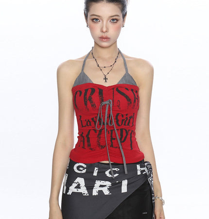 THETLSTUDIO L / red BIGGOLD American hot girl halterneck lace-up vest camisole female summer hot girl pure desire fake two-piece bandeau top