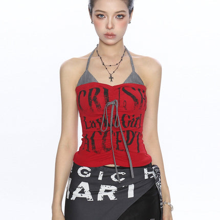 TALKLESSFASHION L / red BIGGOLD American hot girl halterneck lace-up vest camisole female summer hot girl pure desire fake two-piece bandeau top