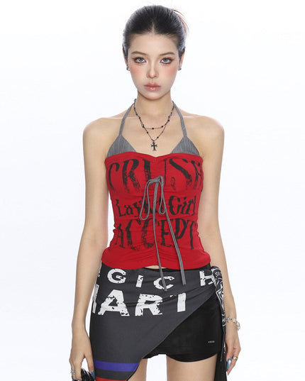 TALKLESSFASHION L / red BIGGOLD American hot girl halterneck lace-up vest camisole female summer hot girl pure desire fake two-piece bandeau top