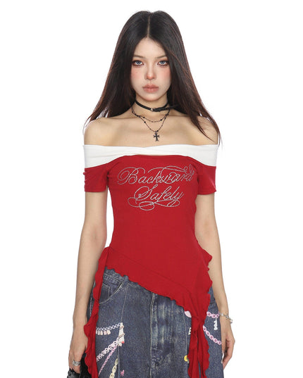 TALKLESSFASHION L / red BIGGOLD one-neck short-sleeved T-shirt women's summer slimming cropped top irregular tassel diamond-encrusted casual T-shirt
