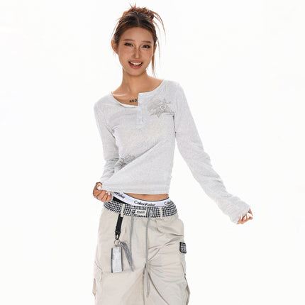 TALKLESSFASHION L / white XPKAEAX American vintage hot diamond letter long sleeve T-shirt hot girl style slim slim pre-fall thin top