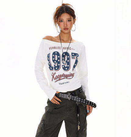 THETLSTUDIO L / white XPKAEAX Spice Girl Style American High Street Slim Long Sleeve T-Shirt Women's New Off-the-Shoulder Slimming Top for Fall 2025
