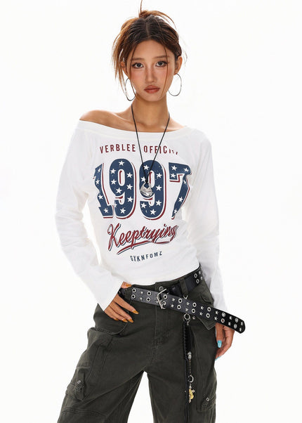 THETLSTUDIO L / white XPKAEAX Spice Girl Style American High Street Slim Long Sleeve T-Shirt Women's New Off-the-Shoulder Slimming Top for Fall 2025