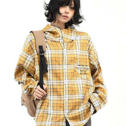 TALKLESSFASHION L / yellow OV original American vintage plaid casual hooded shirt jacket men's and women's fall loose couple long sleeve shirt tide