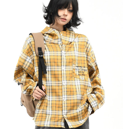 THETLSTUDIO L / yellow OV original American vintage plaid casual hooded shirt jacket men's and women's fall loose couple long sleeve shirt tide
