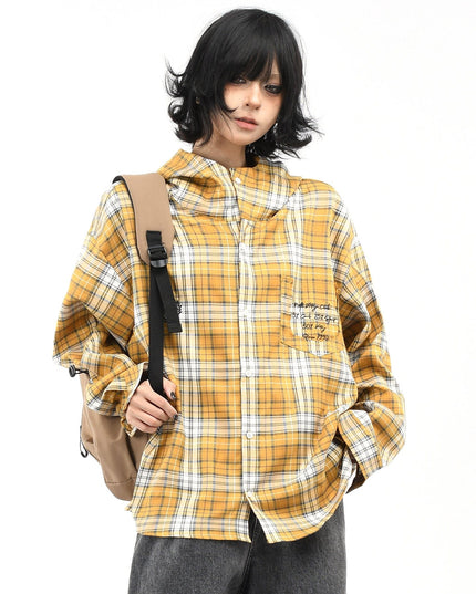 TALKLESSFASHION L / yellow OV original American vintage plaid casual hooded shirt jacket men's and women's fall loose couple long sleeve shirt tide