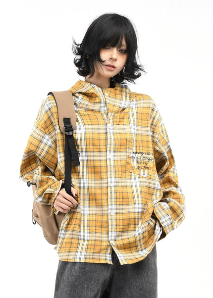 THETLSTUDIO L / yellow OV original American vintage plaid casual hooded shirt jacket men's and women's fall loose couple long sleeve shirt tide