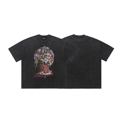 TALKLESSFASHION LawFoo spring and summer new street washed old American portrait print pure cotton loose short sleeve T-shirt for men and women