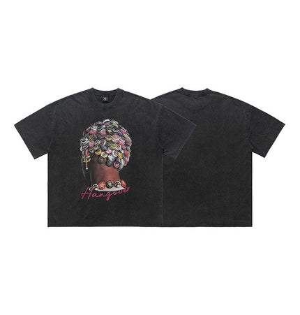 TALKLESSFASHION LawFoo spring and summer new street washed old American portrait print pure cotton loose short sleeve T-shirt for men and women
