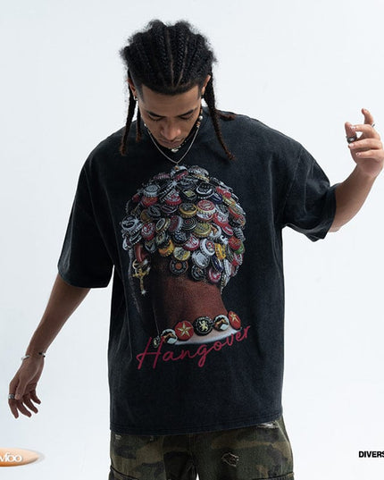 TALKLESSFASHION LawFoo spring and summer new street washed old American portrait print pure cotton loose short sleeve T-shirt for men and women