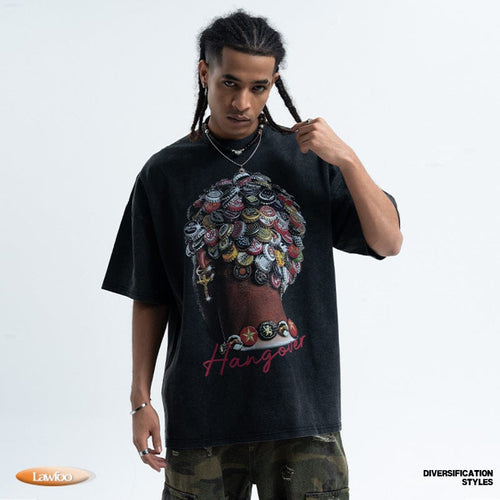 THETLSTUDIO LawFoo spring and summer new street washed old American portrait print pure cotton loose short sleeve T-shirt for men and women