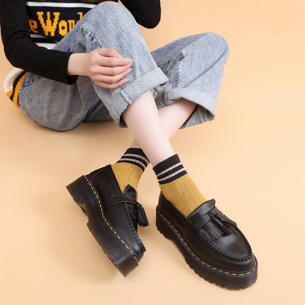 TALKLESSFASHION Leiyu tassel loafers, female genuine leather low-top small leather shoes, British fashion thick-soled student versatile casual shoes 5cm