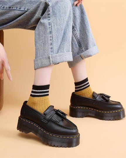 TALKLESSFASHION Leiyu tassel loafers, female genuine leather low-top small leather shoes, British fashion thick-soled student versatile casual shoes 5cm